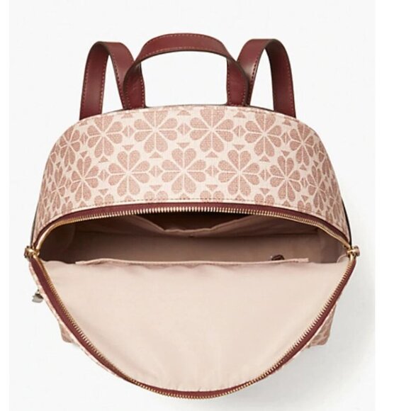 Kate Spade Large Backpack Flower Jacquard Beige Coated Canvas Leather Pockets - Picture 8 of 11
